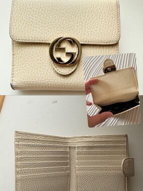 Gucci Cream Pebbled Leather Bifold Wallet with Gold GG